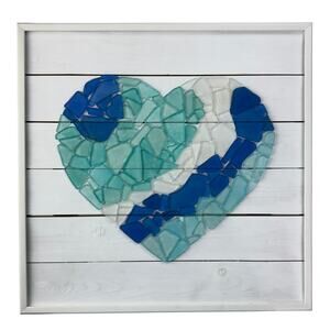 Sea Glass Heart With Teal and Blue Glass On Wood - 18.5W x 18.5H x 1.5D
